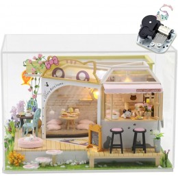 erhumama Maison de poupée musicale à faire soi-même avec housse anti-poussière Chat miniature Modèle 3D café Maison de poupées en bois Accessoires Cadeau d'anniversaire Pour garçons et filles - B5KANHGCT