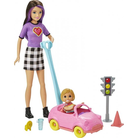 Barbie Famille Skipper baby-sitter coffret Voiture avec mini-poupée fille feu tricolore et accessoires jouet pour enfant GRP17 - B9KHBOQSI